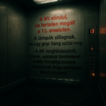 A realistic digital illustration of a modern elevator interior with flickering lights. Inside the el