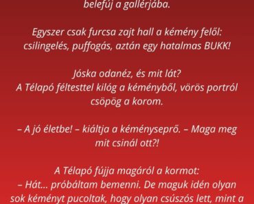 Egy hideg decemberi estén a kéményseprő, Jóska, épp egy háztetőn dolgozik.