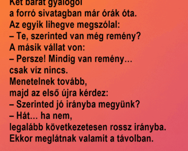 Két barát gyalogol a forró sivatagban már órák óta.