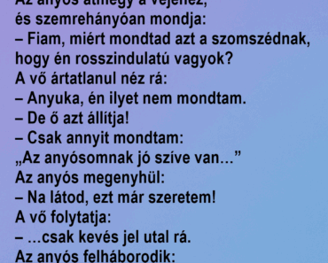 Az anyós átmegy a vejéhez, és szemrehányóan mondja: Az anyós átmegy a vejéhez, és szemrehányóan mondja: