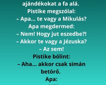 Karácsony este Pistike nézi, ahogy apa becsempészi az ajándékokat a fa alá.