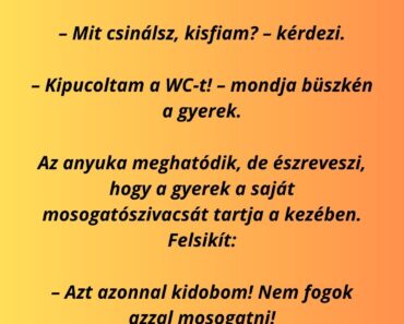 Az anyuka hazajön, és látja, hogy a kisfia valamit nagyon takarít a fürdőben.