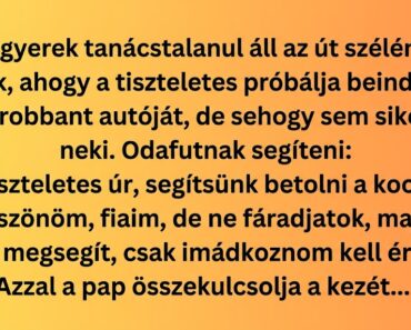 Két gyerek tanácstalanul áll az út szélén, és nézik, ahogy a tiszteletes próbálja beindítani a lerobbant autóját