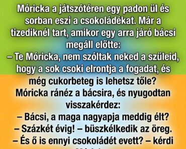 Móricka a játszótéren egy padon ül és sorban eszi a csokoládékat. Móricka a játszótéren egy padon ül és sorban eszi a csokoládékat.