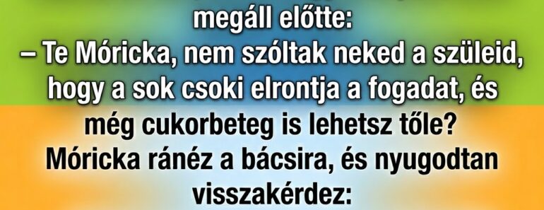 Móricka a játszótéren egy padon ül és sorban eszi a csokoládékat.