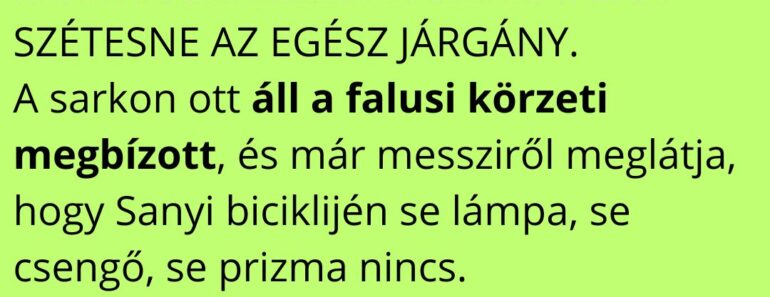 Sanyi nagy lendülettel száguld lefelé a falu legmeredekebb utcáján a régi biciklijével