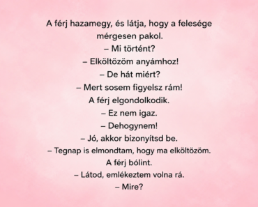 A férj hazamegy, és látja, hogy a felesége mérgesen pakol.