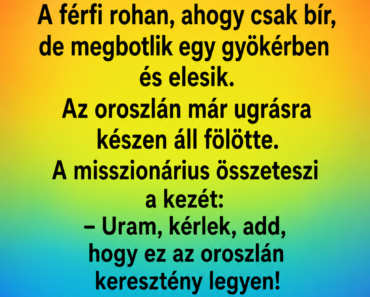 Az őserdőben egy misszionáriust üldöz egy oroszlán. Az őserdőben egy misszionáriust üldöz egy oroszlán.