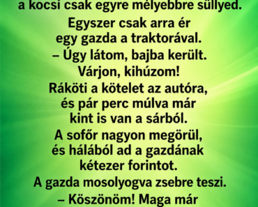 Kora reggel egy autós beleragad egy hatalmas, sáros kátyúba az országúton.