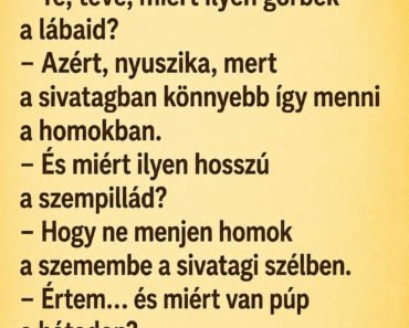 A nyuszika sétál a sivatagban, egyszer csak meglát egy tevét.